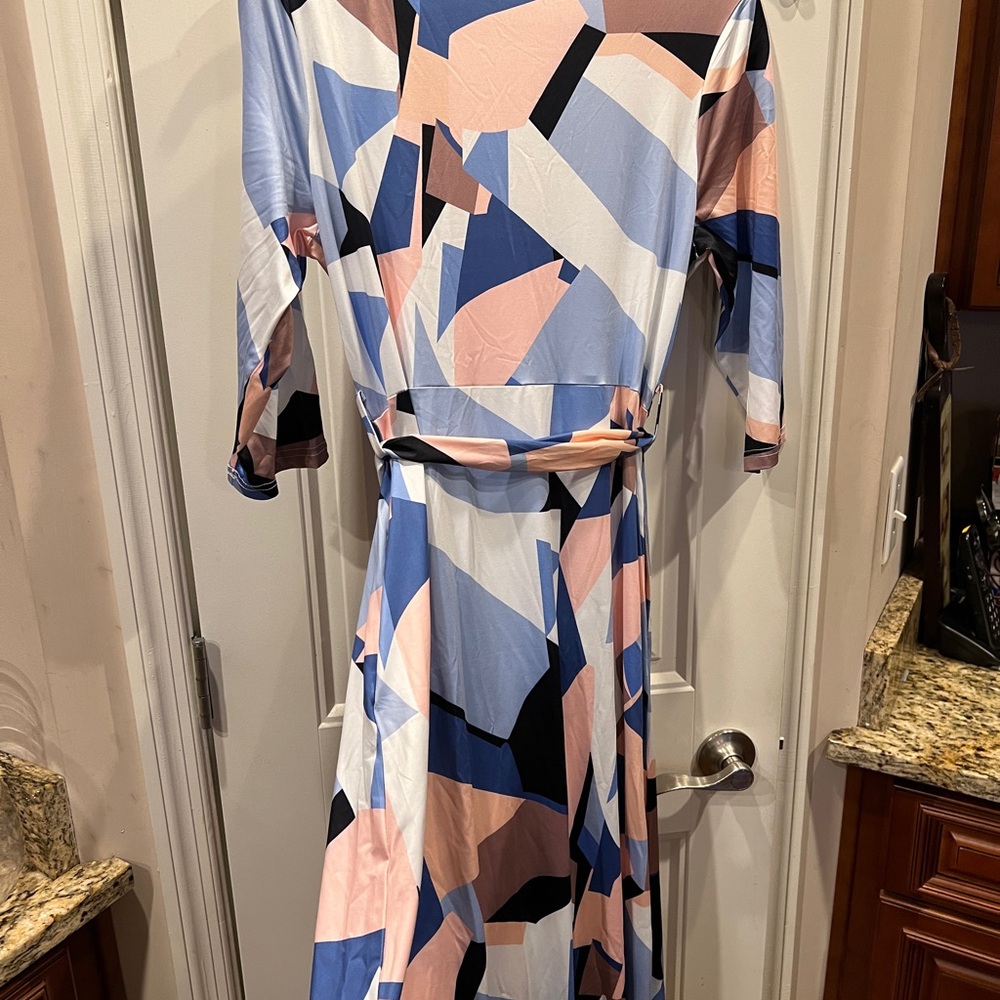 Pink Blue White Geometric Print Wrap Maxi Dress Sz Large - Picture 3 of 6